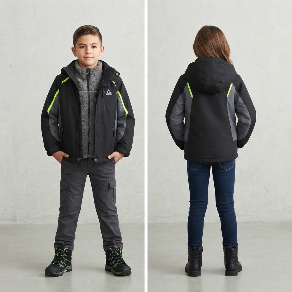 Gerry Kids 3-in-1 Systems Jacket Black Gray Neon Green Fleece Liner Small 7/8